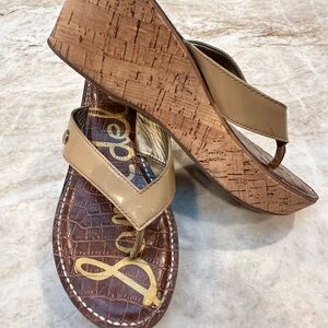 Sam Edelman Romy Platform Sandel size 8.  Tan patent uppers with cork base.